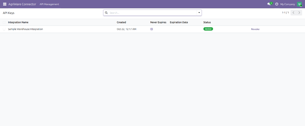 Écran API Management d'AgriWare Connector affichant une clé API en libre-service