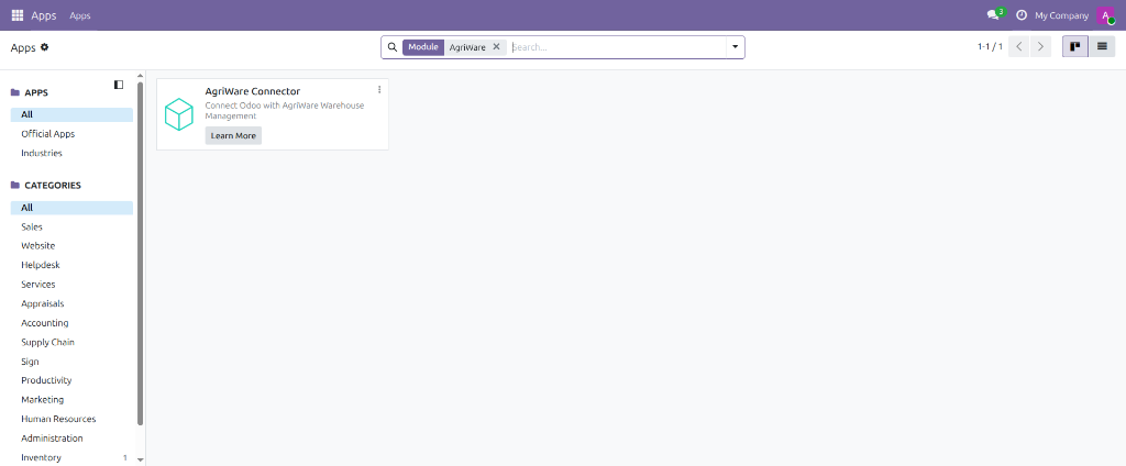 AgriWare Connector listé dans l'écran Apps d'Odoo